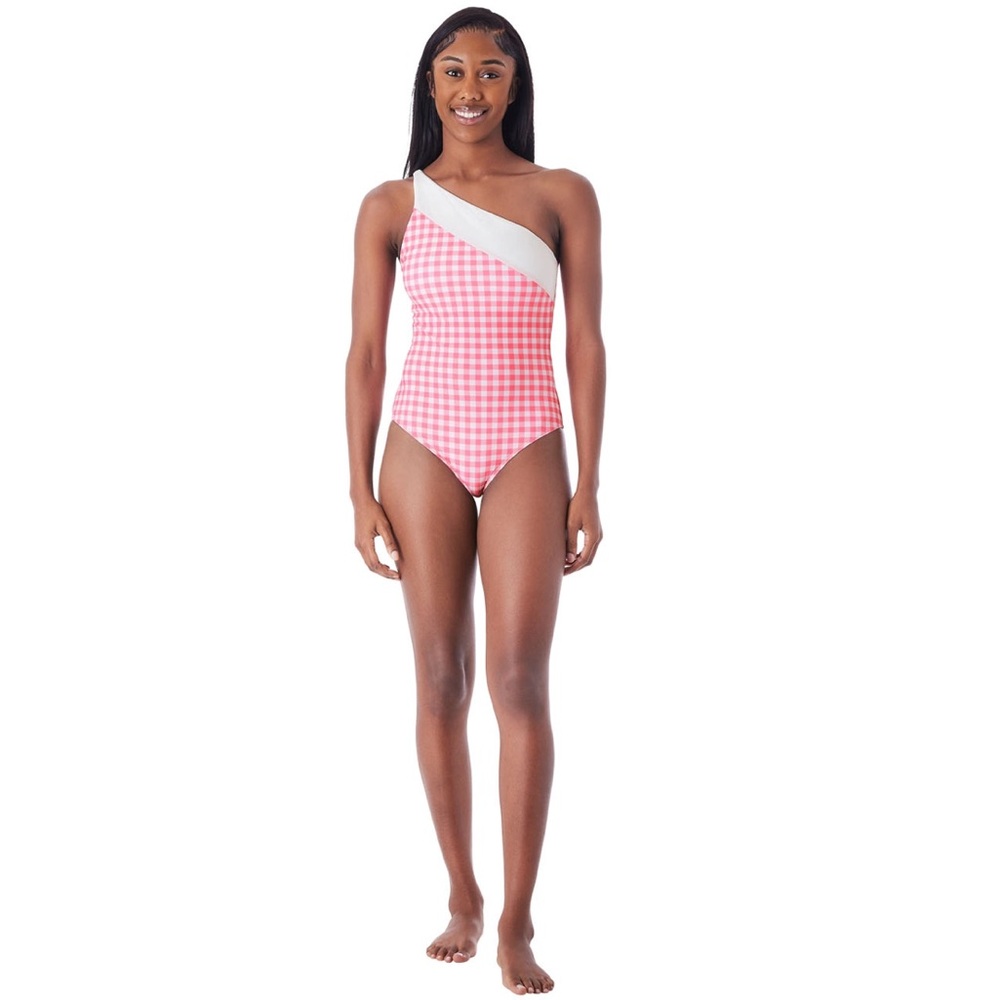 NWT Member’s Mark Pink & White Gingham One Shoulder Swimsuit sizes Small